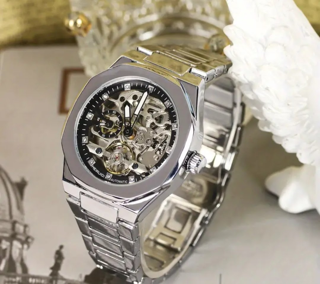 Stainless steel watch with blue dial